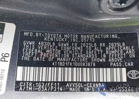 2013 Toyota Camry Hybrid Le from USA, damaged, VIN 4T1BD1FK1DU083878
